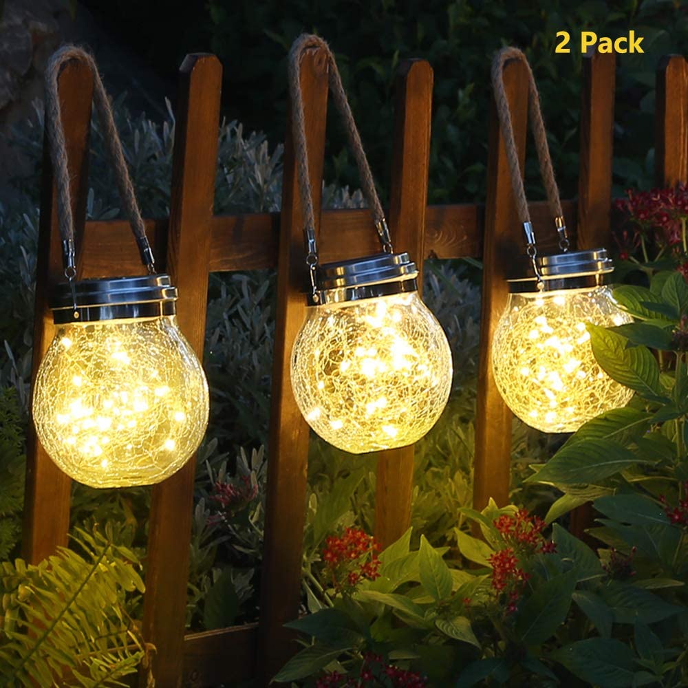 Solar Lantern,2 Pack 30 LED Hanging Glass Jar Solar Lights Outdoor